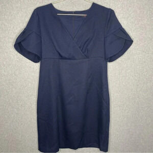 Trina Turk Empire Waist Preppy Career Navy Blue Textured Flutter Sleeve Dress